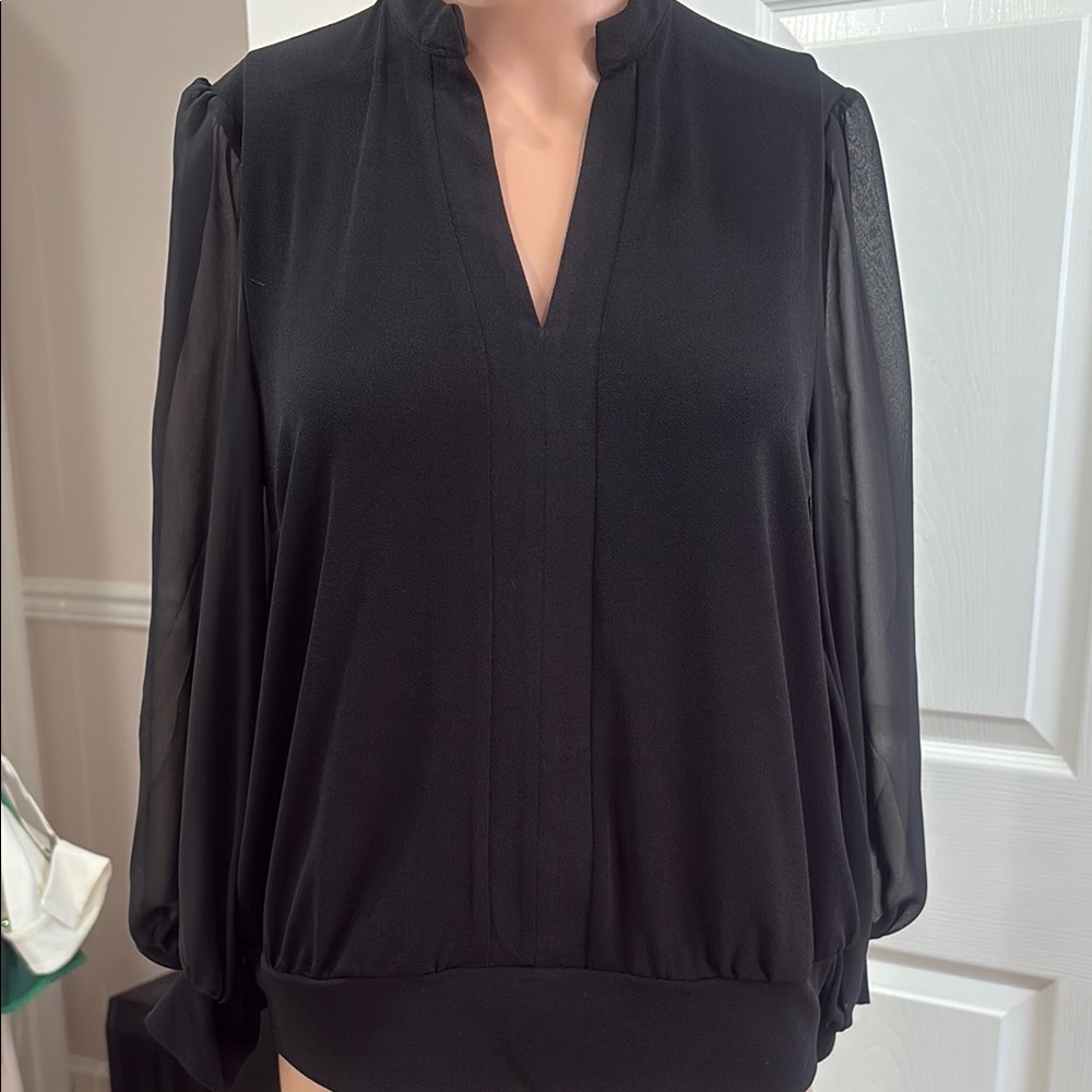 Black Relaxed Blouse with Mandarin Collar